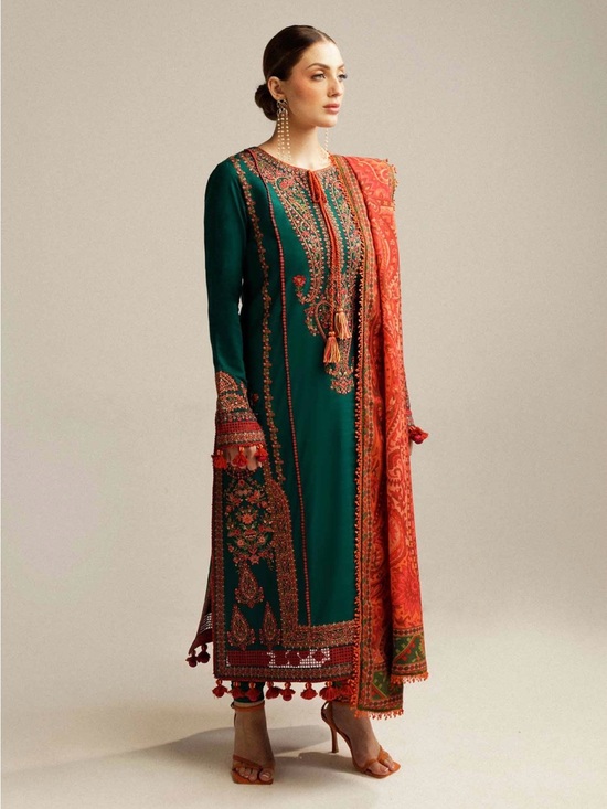 Hussain Rehar Dresses & Skirts - Elegant Green & Orange Embroidered Long Sleeve Dress
